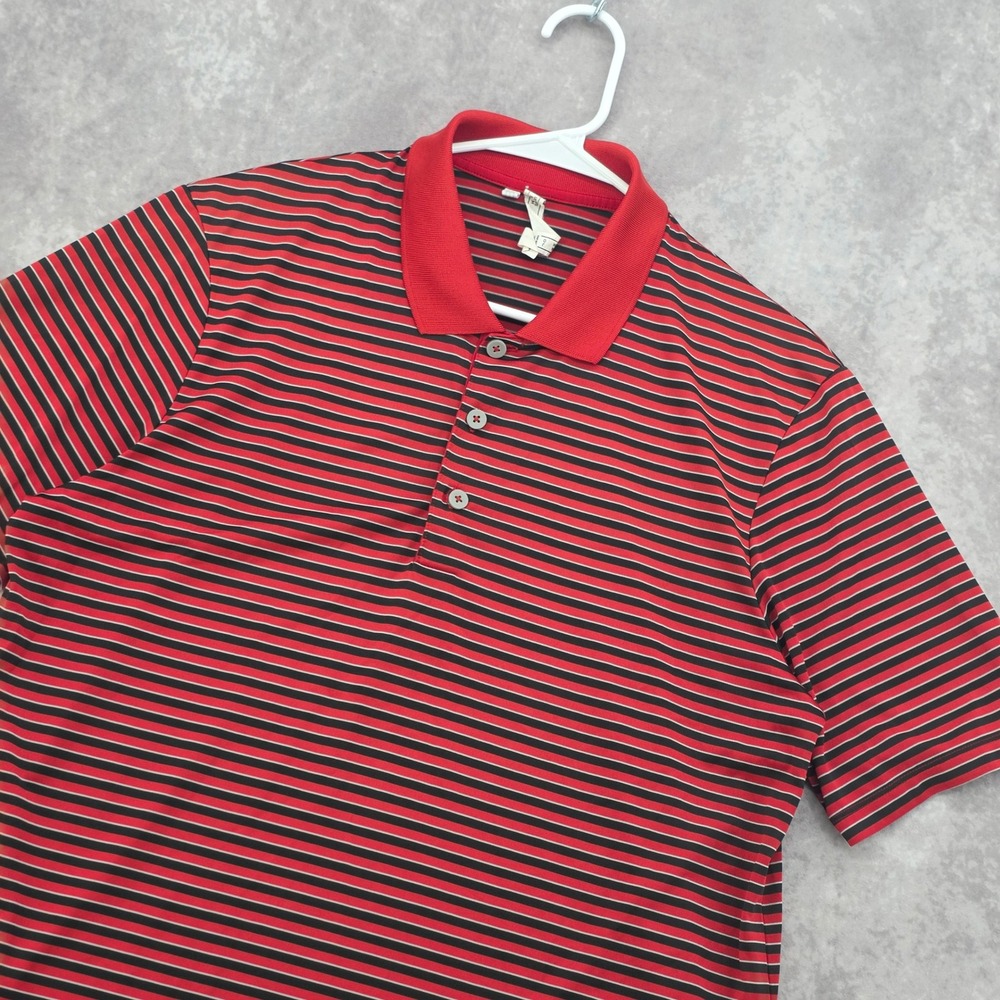 Adidas Mens Medium Red Black Striped Short Sleeve Golf Polo Shirt Performance